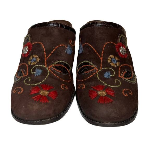 Brighton Fiona Mules Size 8.5N Brown Leather Embroidered Floral Nubuck Suede - Picture 4 of 16